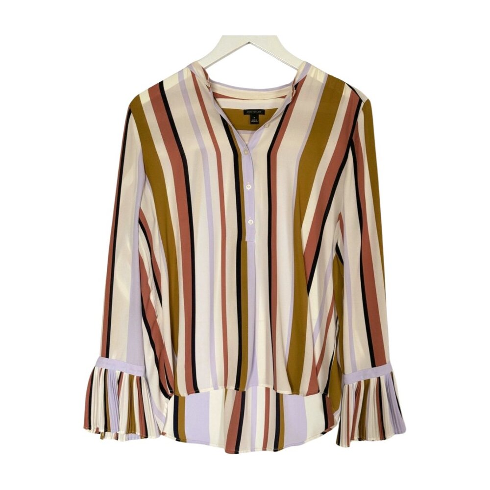 Ann Taylor Multicolor Stripe Blouse | Pleated Cuff Long Sleeve Top Size M